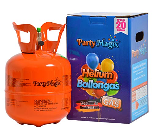 PartyMagix Bombona de gas helio prémium, pequeña, para 20 globos, envasada en Alemania, botella de helio, bombona de helio, para globos, gas, cumpleaños, fiestas, bodas, globos desechables