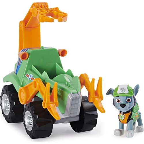 PAW Patrol Dino Rescue Rocky's Deluxe Rev Up Vehículo con figura de dinosaurio misterioso