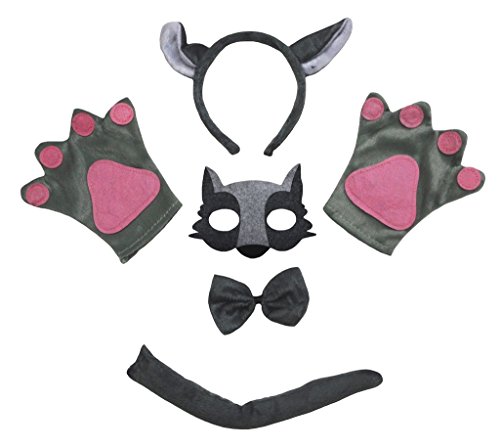 Petitebelle Lobo máscara de la venda Guantes de cola Bowtie Disfraz de 5 piezas para niño Un tamaño gris