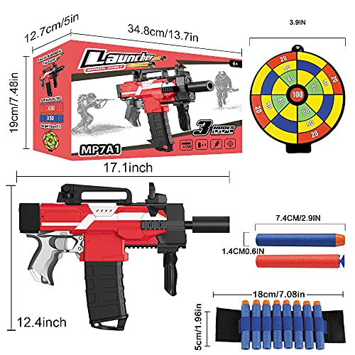 Pistola Eléctrica de Juguete con Clip de 12 Dardos, MP7A1 Automática para Nerf Flechas + 100 Balas Espuma + Batería Recargable USB, 3 Modos de Disparo, Regalos para 5-15 años niño, Adolescente, Adulto