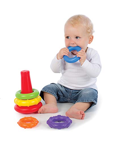 Playgro Ring Tower, Stacking Toy Pirámide Rock and Stack, Color Verde, Amarillo, Rojo, Lila, Naranja, 1 Unidad (Paquete de 1) (40082)