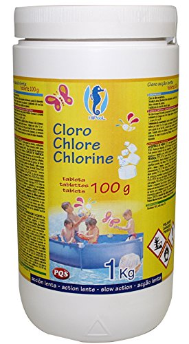 PQS – 166522 Cloro en pastillas PQS alta concentración: Desinfección, Estabilizador de Cloro, Algicida y Floculante. Tabletas de 100 gr. Bote 1 Kg.