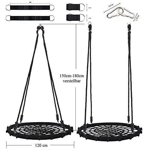 Queta Columpio de Plato Nido Columpio de Nido Amplia con Anillo de Hierro Columpio Redondo para árboles con Correa de Colgar para niños y Adultos (120 cm, Negro)
