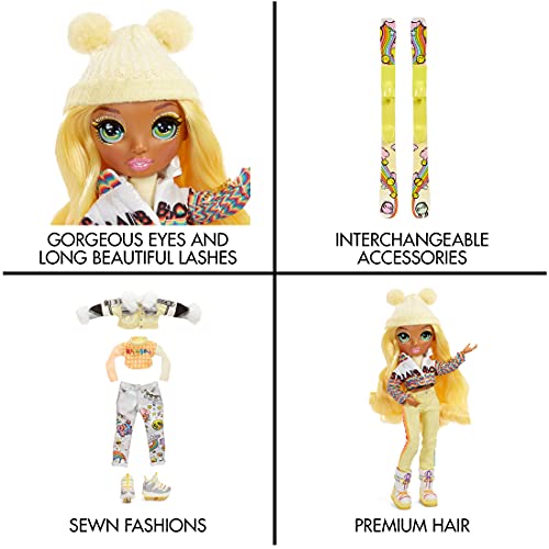 Rainbow High Winter Break Sunny Madison-Muñeca de Moda Amarilla con 2 atuendos, Equipo de Nieve y Pedestal-Incluye esquís, Patines, Accesorios y más-Edad: 6+ años (574774C3)