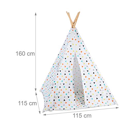 Relaxdays Tipi Infantil, Tienda Campaña, Casita para Niños con Bolsa, Lino-Madera, 160 x 115 x 115 cm, Blanco-Multicolor