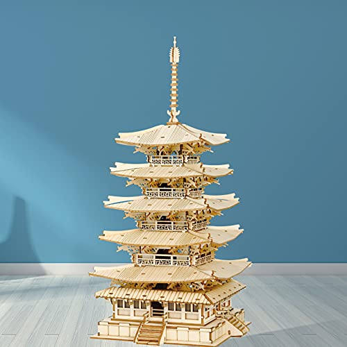 Rolife Madera Puzzle 3D Torre Pagoda de cinco pisos Maquetas para Montar para Construir Adultos Niñas Gatto fortunato, Five-storied Pagoda