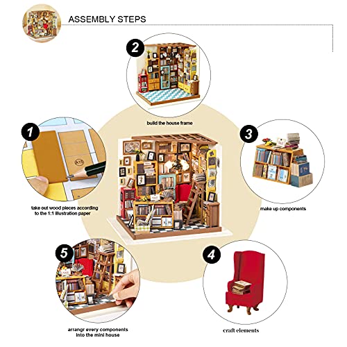 Rolife Miniature Dollhouse Kit DIY Biblioteca de Madera Modelo de casa para niñas y niños niños 14 15 16 17 años de Edad hasta(Sam's Study)
