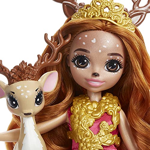 Royal Enchantimals Reina Daviana y Grassy, muñeca ciervo con cervatillo articulado mascota de juguete (Mattel GYJ12)