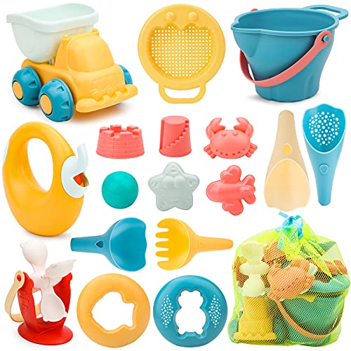 Sanlebi 17 Piezas Juguetes de Playa para Niños, Juegos Playa con Cubo Playa Palas Rastrillo Moldes de Arena, Niños Material Plastico Juguetes Arena