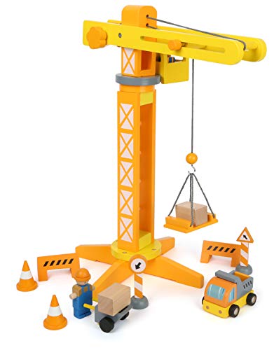 small foot Grúa de construcción 12007 de Madera certificada FSC 100% con Accesorios para Obras, 13 Piezas, rotación de 360 Grados, para pequeños constructores, Multicolor