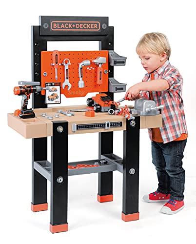 Smoby Black & Decker-Bricolo Center Taller Banco Herramientas Infantil-función Clavo Sube y Baja-más de 90 Piezas-Incluye Coche para Construir 360701, Color Negro y Rojo, No Installation