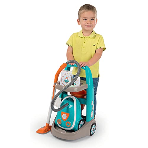 Smoby-Carrito de limpieza con aspirador y accesorios 330309, color azul y naranja , color/modelo surtido