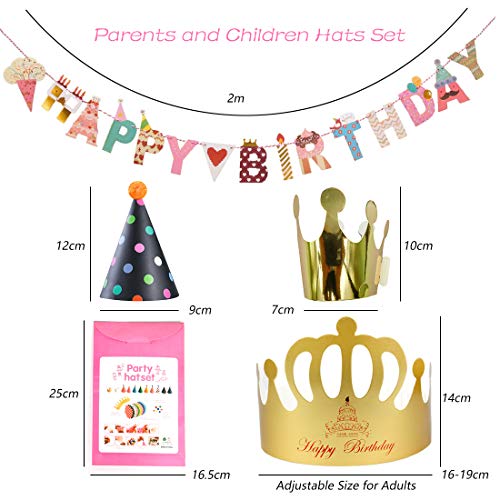 Sombreros de Papel del Fiesta de Cumpleaños y Pancarta de Feliz Cumpleaños, Gorros Forma Cónica con Poms, Tapa de Corona de Varios Color y Tamaños Para Los Cabritos y Los Adultos, Favores de la Fiesta