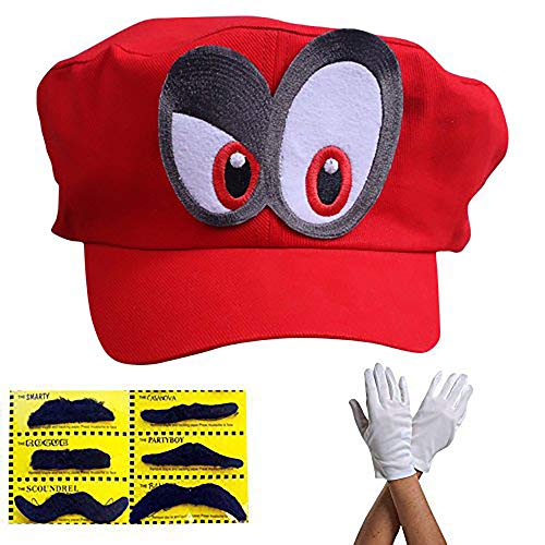 Super Mario Gorra Odyssey - Conjunto de 1x Guantes y 6X Barba pegajosa Costume para Adultos y niños Carnaval y el Cosplay - Ojos a la Derecha