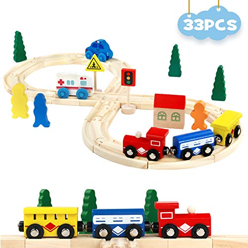 Symiu Mini Juguete de Madera Construcciones Pista Juego de Tren y Coches Educativo Regalo para Niños 3 4 5 6 7 Años(33 Pcs)