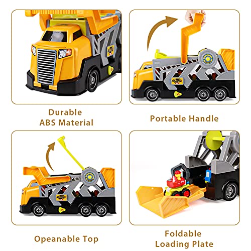 Tacobear 5 en 1 Camión de Construcción Coches Juguete Camión de Transporte Grandes con Sonido Pequeños Topadora Excavadora Camiones de Juguetes Regalos para Niños Niñas