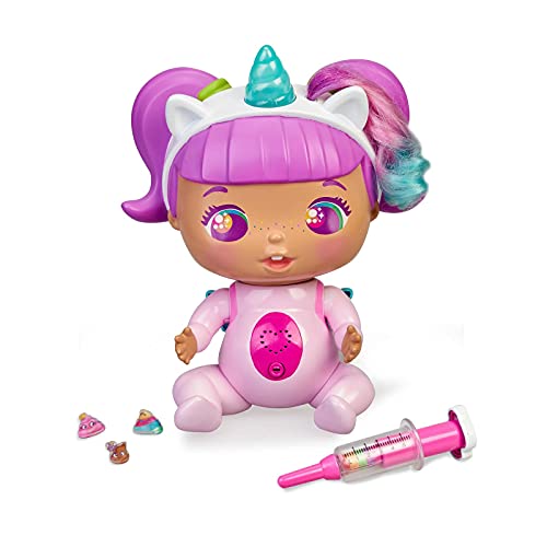 The Bellies from Bellyville - Rosie Rainbow!, muñeca interactiva grande big bellie, bebe unicornio cuerno y pelo rosa, con accesorio de vacuna, sonido y luz, niños desde 3 años, Famosa (700016632)