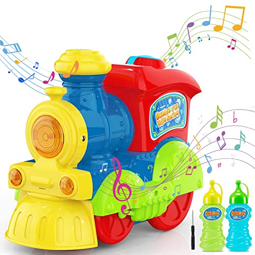 Theefun Máquina de Burbujas, Máquina de Burbujas para Niños Soplador de Burbujas de Tren Automático para Niños Pequeños al Aire Libre / Interior con 2 Soluciones de Burbujas y Destornillador