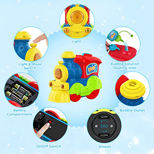 Theefun Máquina de Burbujas, Máquina de Burbujas para Niños Soplador de Burbujas de Tren Automático para Niños Pequeños al Aire Libre / Interior con 2 Soluciones de Burbujas y Destornillador