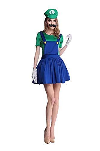 thematys Super Mario Luigi Gorra + Vestido + Barba + Guantes - Conjunto de Vestuario para Mujer Carnaval y Cosplay (S, 150cm-155cm)