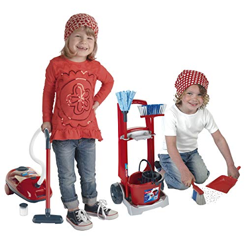 Theo Klein 6742 Carro de limpieza, Incluye escoba, fregona, cubo y más, Aspiradora a pilas con función de aspirado y sonido, Medidas 29 cm x 24 cm x 60 cm, Juguete para niños a partir de 3 años
