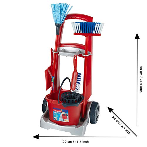 Theo Klein 6742 Carro de limpieza, Incluye escoba, fregona, cubo y más, Aspiradora a pilas con función de aspirado y sonido, Medidas 29 cm x 24 cm x 60 cm, Juguete para niños a partir de 3 años