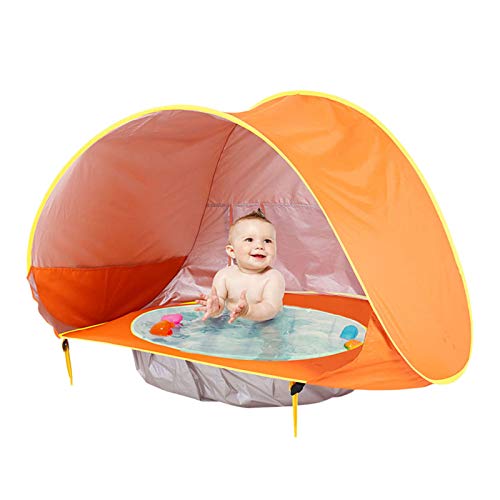 Tienda Playa Bebe Modelo Actualizada,Pop up Tienda de Bebé con Piscina para Infantil, Carpa Automática Plegable Portátil de protección Solar Anti UV 50+ (Adecuada para bebé de 3 a 36 Meses) (Naranja)