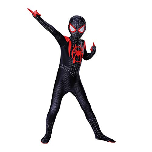 Traje De Cosplay con Estampado 3D Superhéroe Spider Man Miles Morales Disfraces Carnaval De Halloween Traje De Los Vengadores Traje De Disfraces para Fiestas Accesorios,Black-Kids(120~130cm)