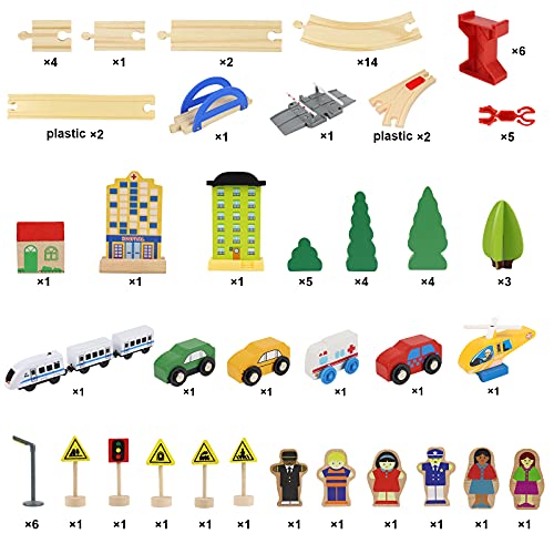 Tren de Madera Juguetes-93 Piezas Tren Juguete con 4 Coches de Juguetes Madera,1 Tren Electrico Magnético Juegos Educativos Regalo Construcciones para Niños 3 4 5 6 Años Niñas