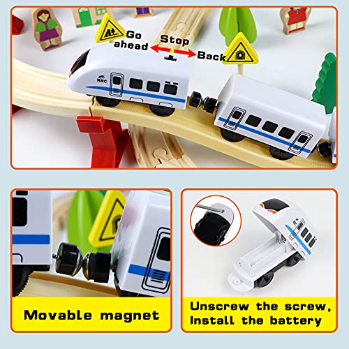 Tren de Madera Juguetes-93 Piezas Tren Juguete con 4 Coches de Juguetes Madera,1 Tren Electrico Magnético Juegos Educativos Regalo Construcciones para Niños 3 4 5 6 Años Niñas