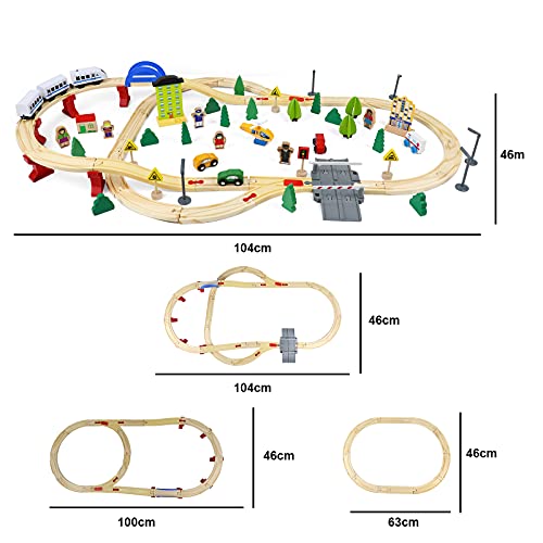 Tren de Madera Juguetes-93 Piezas Tren Juguete con 4 Coches de Juguetes Madera,1 Tren Electrico Magnético Juegos Educativos Regalo Construcciones para Niños 3 4 5 6 Años Niñas
