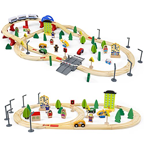 Tren de Madera Juguetes-93 Piezas Tren Juguete con 4 Coches de Juguetes Madera,1 Tren Electrico Magnético Juegos Educativos Regalo Construcciones para Niños 3 4 5 6 Años Niñas