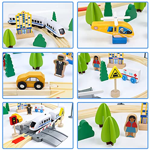 Tren de Madera Juguetes-93 Piezas Tren Juguete con 4 Coches de Juguetes Madera,1 Tren Electrico Magnético Juegos Educativos Regalo Construcciones para Niños 3 4 5 6 Años Niñas