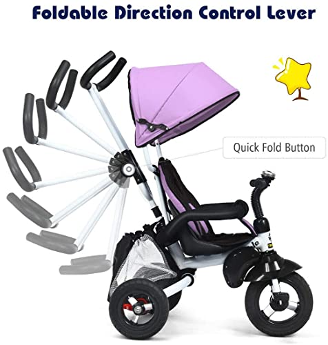 Triciclo para Niños, Plegable Triciclo Evolutivo con baranda Desmontable, toldo Ajustable, arnés de Seguridad, Pedal Plegable, Bolsa de Almacenamiento, Freno, diseño de absorción de Impactos (Rosado)