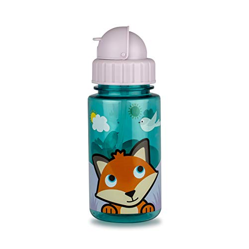 TUM TUM Flip Top Top Kids botella de agua con paja, Tritan Kids Drinks Botella, 400ml, BPA gratis (Fox)