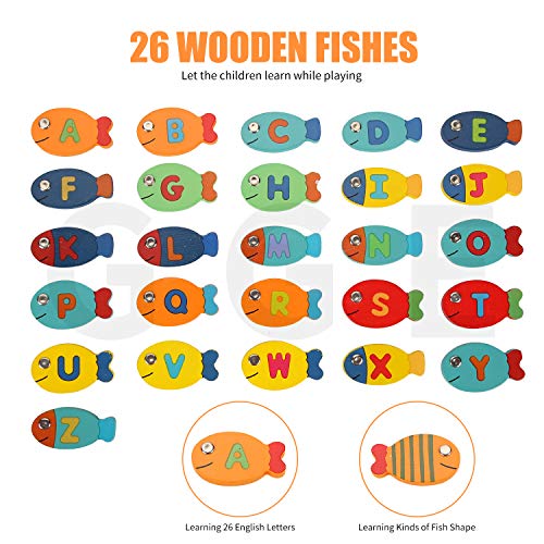 Ulikey 30 Pcs 2 en 1 Juego de Pesca, Juguete de Pesca de Madera, Carta de Pesca Juguetes Educación Regalo para Niños 3 4 5 Años
