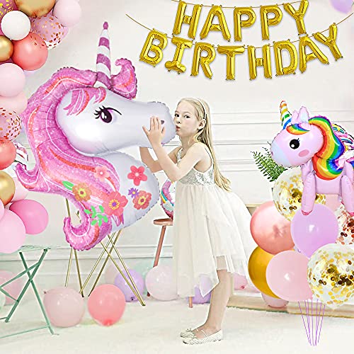 Unicornio Decoracion Cumpleaños Niña,Globos Fiesta Decoracion Cumpleaños Niña con Globos de Unicornio,Globos de Pony,Corona,Pancarta de Feliz Cumpleaños Para Decoración de Cumpleaños de Niñas Pequeñas