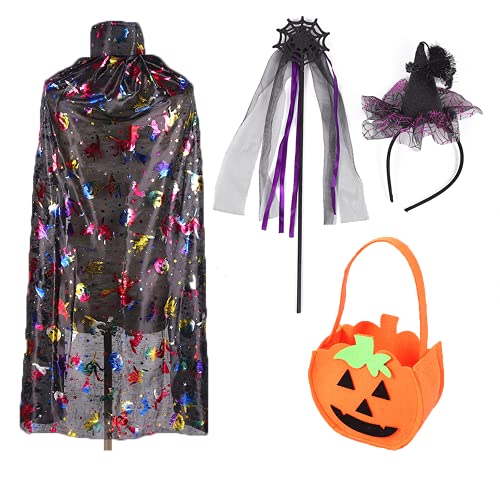 Unkonwn Conjunto Disfraces Capa Bruja Cosplay, Disfraces Cosplay Halloween con Varita Mágica, Capa de Mago, Diadema Sombrero de Araña y Bolsa Caramelo de Calabaza para Niñas