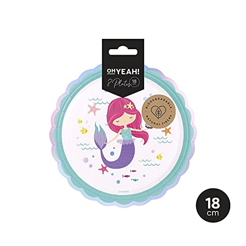 Vajilla Desechable Sirena,para Cumpleaños Niña, Incluye Plato Postre Cartón,Vaso Iridiscente,Servilleta,Cubierto Reutilizable y Mantel Rosa Pastel-Vajilla Biodegradable de Fibra Natural y Reciclable