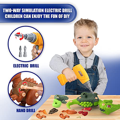 Vanplay Dinosaurios Juguetes con Taladro Eléctrico, Juego Construccion Puzzle Dinosaurios Incluyen Tiranosaurio Rex, Velociraptor y Triceratops para Niños y Niñas 3 Años