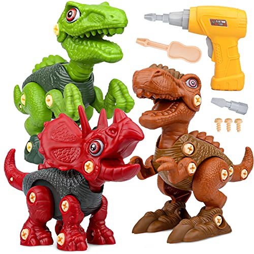 Vanplay Dinosaurios Juguetes con Taladro Eléctrico, Juego Construccion Puzzle Dinosaurios Incluyen Tiranosaurio Rex, Velociraptor y Triceratops para Niños y Niñas 3 Años