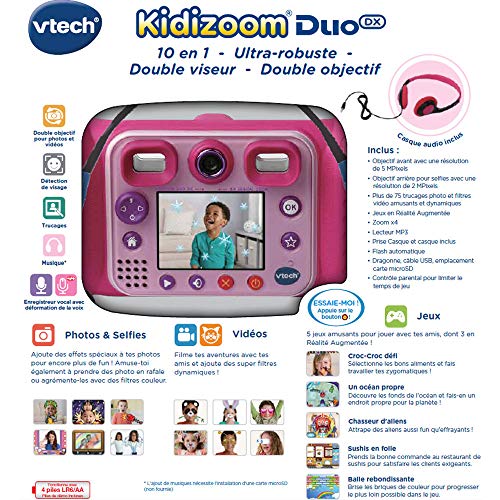 VTech Kidizoom Duo DX Rosa, cámara de Fotos Infantil 10 en 1, filtros dinámicos - Versión FR