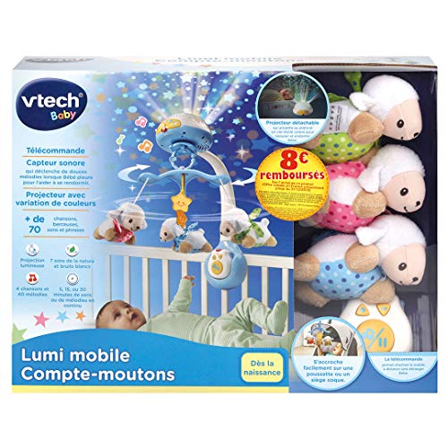VTech Lumi Mobile Compte-moutons Sonoro - Móvil para cuna (Azul, De plástico, Niño, 3 año(s), Francés, CE)