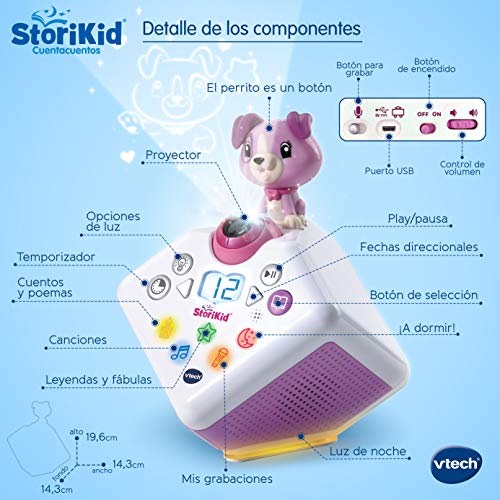 VTech - StoriKid cuentacuentos con proyector, escucha historias, poemas o canciones acompañadas de una proyección, graba tu propia historia, temporizador, luz de noche, color blanco/rosa (80-608067)