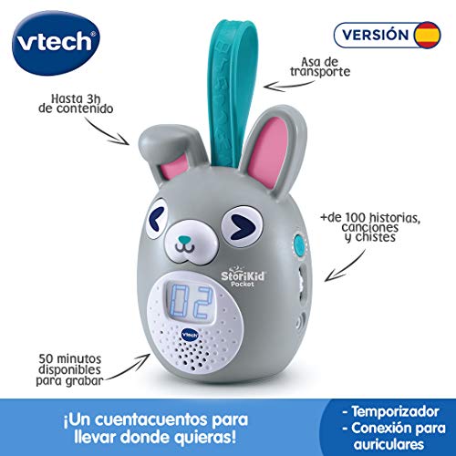 VTech StoriKid Pocket, cuentacuentos portátil para acompañar al bebé en Cualquier Lugar, Juguete +6 Meses, Graba Tus Propios Cuentos, Temporizador, Versión ESP, Color Gris (3480-613767)