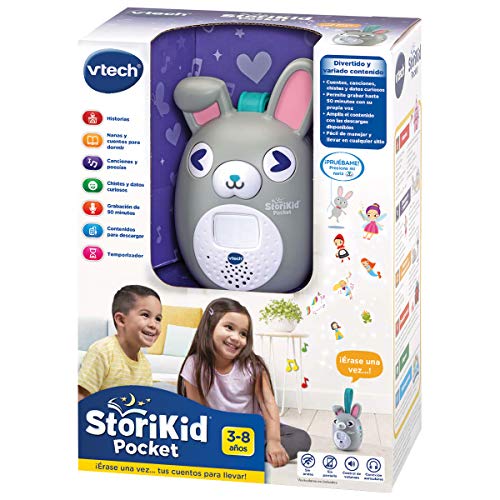 VTech StoriKid Pocket, cuentacuentos portátil para acompañar al bebé en Cualquier Lugar, Juguete +6 Meses, Graba Tus Propios Cuentos, Temporizador, Versión ESP, Color Gris (3480-613767)