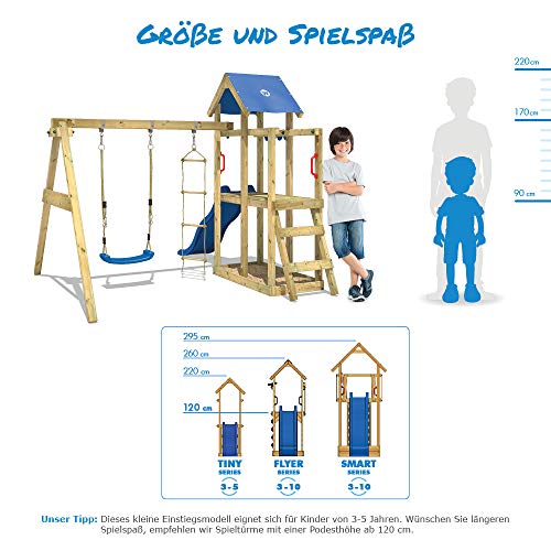 WICKEY Parque infantil de madera TinyCabin con columpio y tobogán rojo, Torre de escalada de exterior con arenero y escalera para niños