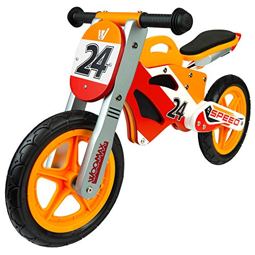 WOOMAX - Bici sin pedales madera, puños de goma, bicicleta iniciación niños, bici sin pedales niño 2 años, asiento acolchado, máx 25 Kg, de 24 meses a 5 años (85371)