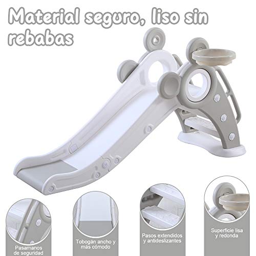 YOLEO Tobogán Infantil Plegable, Tobogán para Niños Exterior y Interior con Canasta de Baloncesto, Multifunción e Seguro, 125 x 33 x 66 cm, hasta 25 kg, Gris