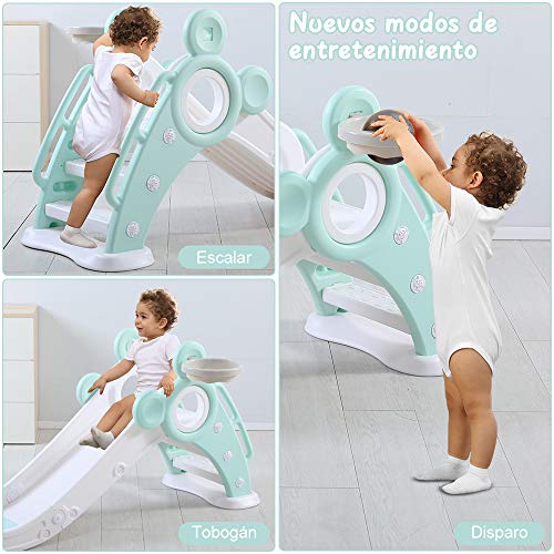 YOLEO Tobogán Infantil Plegable, Tobogán para Niños Exterior y Interior con Canasta de Baloncesto, Multifunción e Seguro, 125 x 33 x 66 cm, hasta 25 kg, Verde